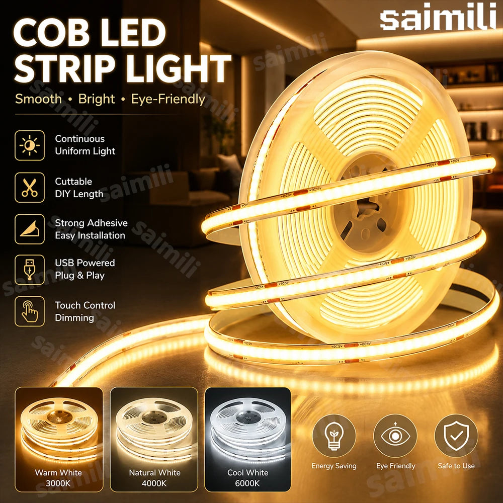 COB LED Strip 5V USB Touch Control Dimmer Dotless Linear Light Tape Self Adhesive For Wardrobe Mirror Home DIY Decor Lighting