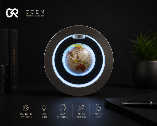 CCEM™ Premium Magnetic Levitating LED Globe with floating world map, 360° rotation, soft LED lighting, and modern desk design for home and office.