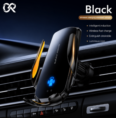 Premium black wireless car charger mount with automatic clamping, fast wireless charging, and air vent dashboard installation.