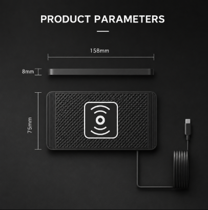 Product dimensions of the Universal Qi Wireless Car Charging Pad showing 158mm length, 75mm width, 8mm thickness, and USB power cable.
